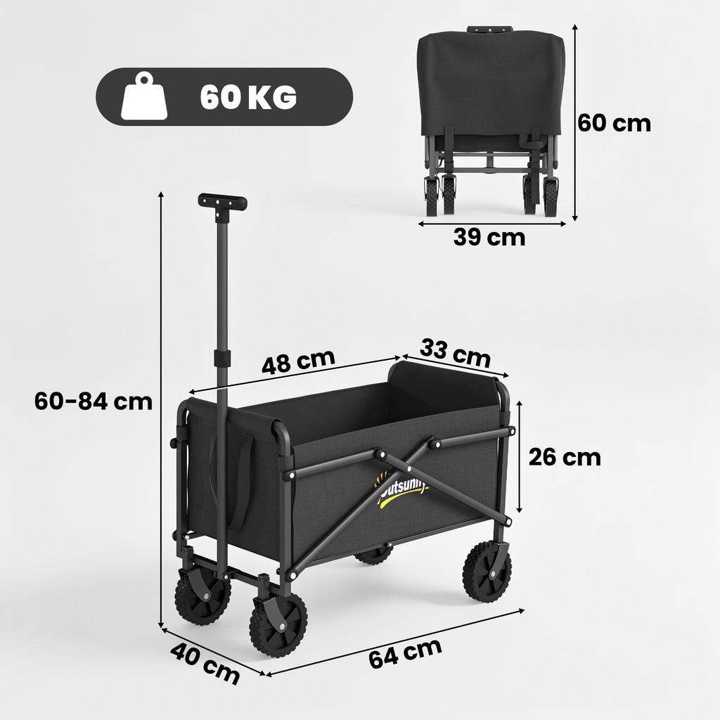 Wagon Foldable Hand Cart 360 degrees Garden Cart with Adjustable Handle Beach Cart up to 60 kg for Sport Shopping Black
