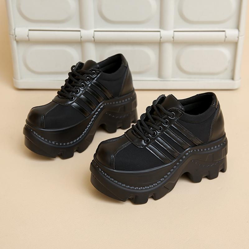 Big Head Platform Shoes Black Striped Punk Heightening Muffin Shoes Lace-up Casual Shoes Super Fire Soft Shoes Women