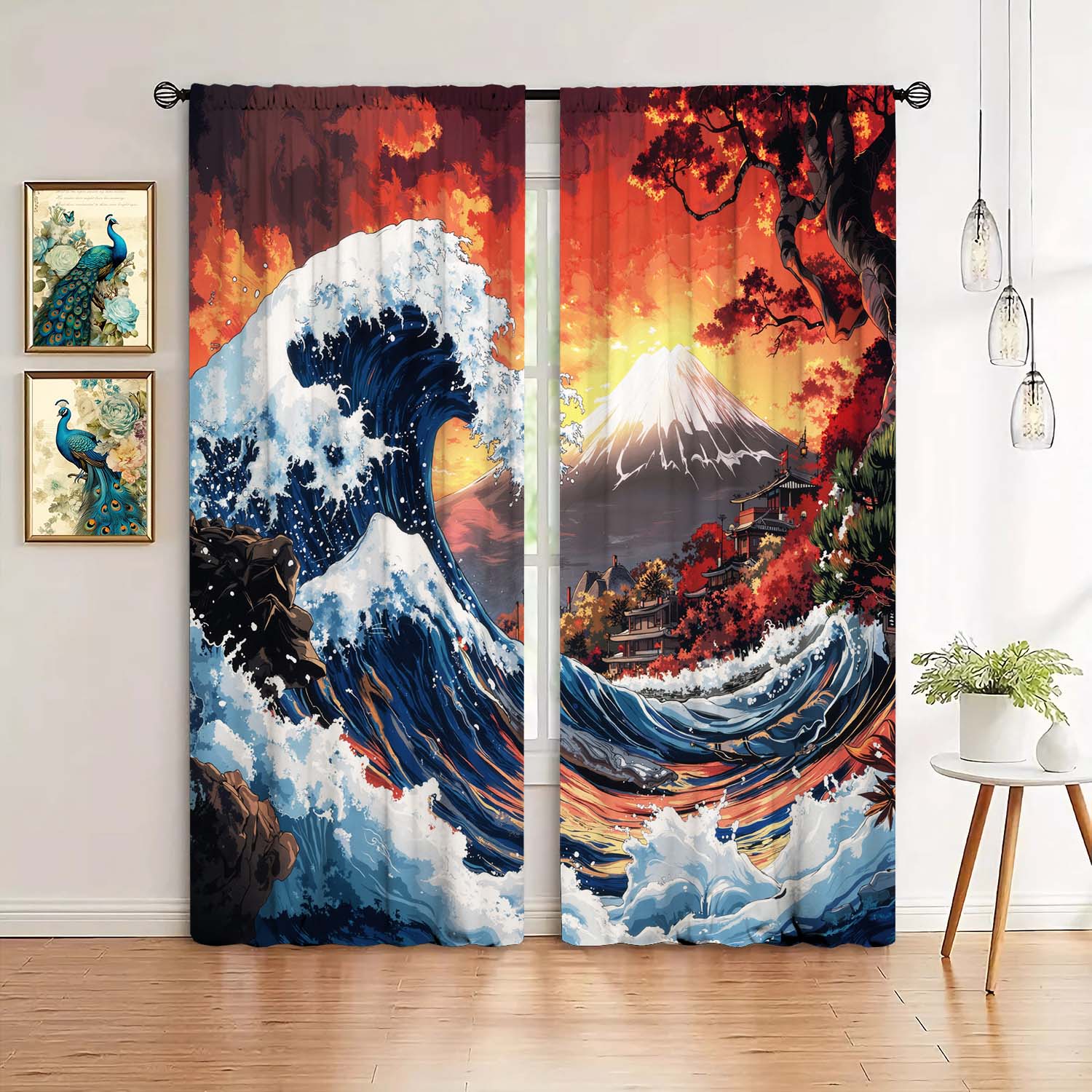 

Set Of 2 Waves Under Sunset Mount Fuji Curtains Distinctive Printed Suitable Gifting Family Friends Curtain Made Polyester W100*H70(CM)-Hooks&2PCS