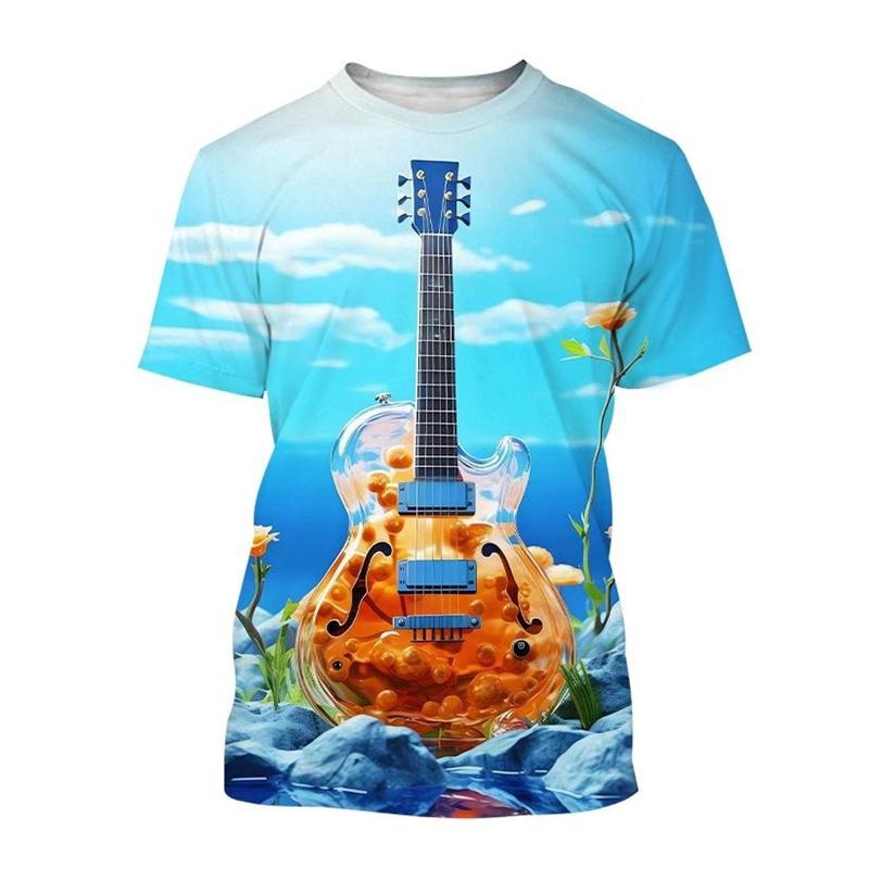 Camiseta con estampado 3D de arte de guitarra creativa, patrón de instrumento musical, camiseta de manga corta con cuello redondo para hombres, camisetas casuales