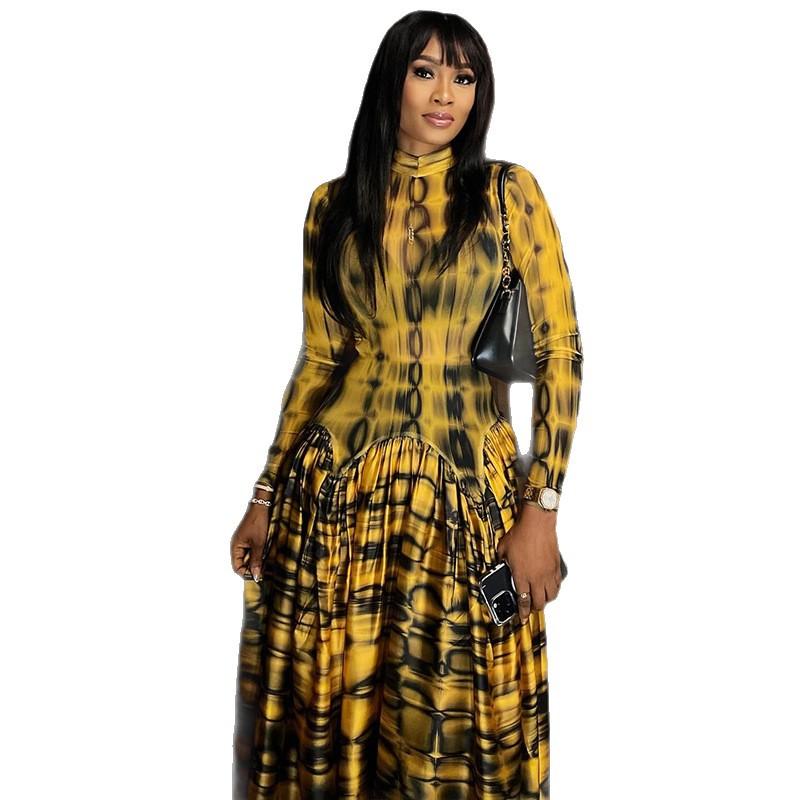 European and American Style Ins Retro Temperament Women's Clothing Pleated Pendulum A-shaped Skirt High Neck Long Sleeve Printed Waist Dress