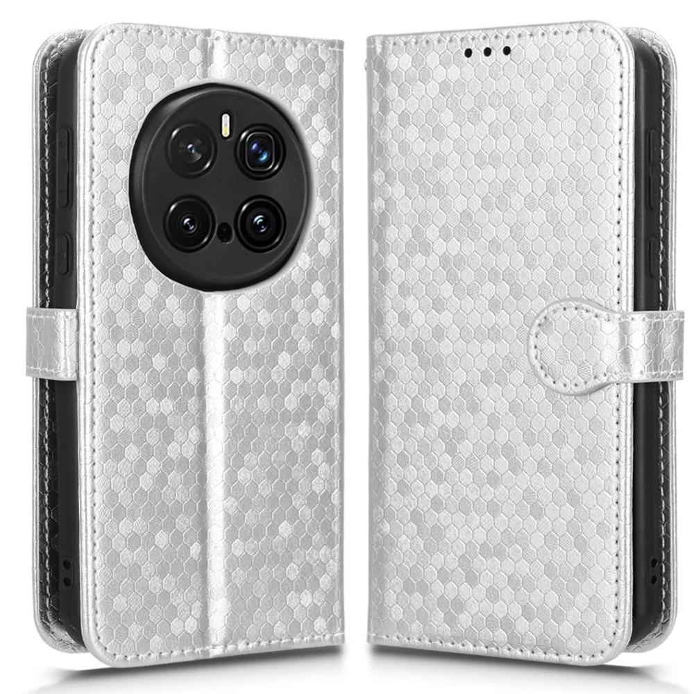 

For Honor Magic7 Pro 5G Wallet Case Dot Pattern Imprint PU Leather Phone Cover Silver