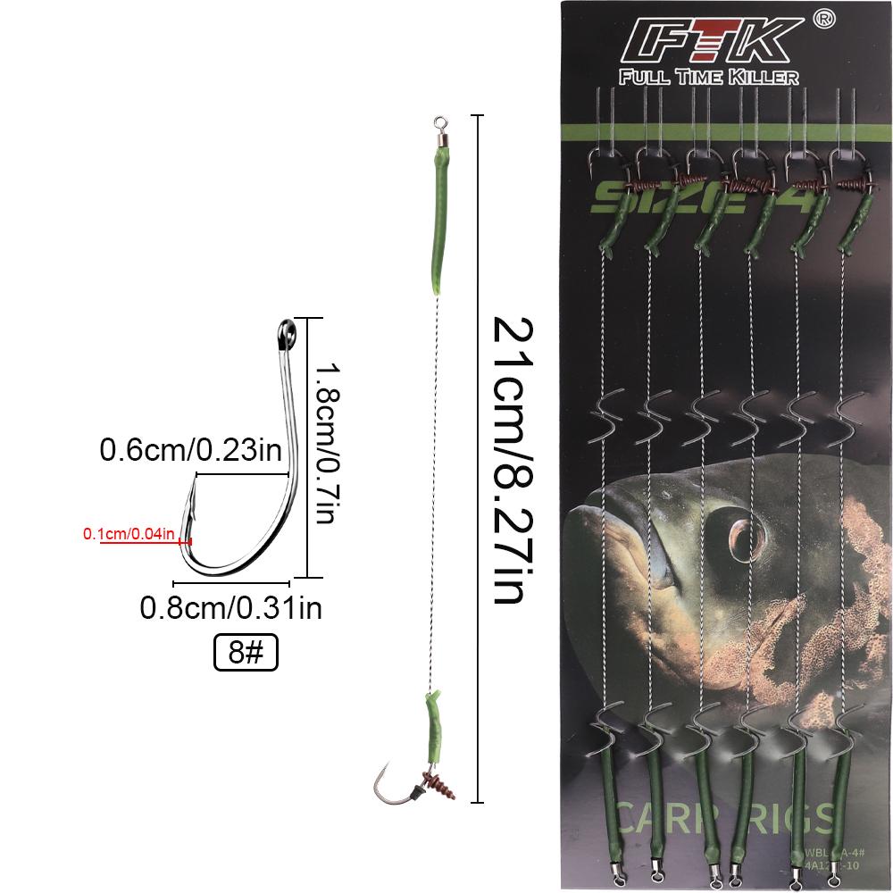 

FTK 21m 6 шт свинцовых крючков для ловли карпа с леской из полиэтилена 30-60 фунтов 2/4/6/8 # Европейский набор фидерных крючков для ловли карпа Аксессуары 8#