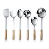 Non-Magnetic Stainless Steel Kitchen Utensil Set: Soup Ladle, Thickened Stir-frying Spatula, and Angled Wooden Handle Spatula.