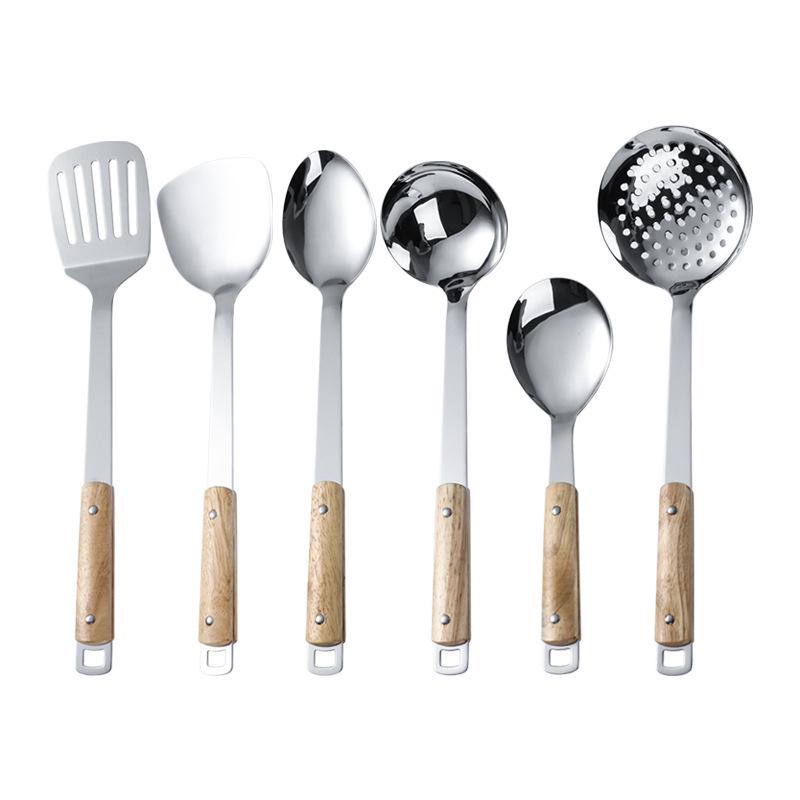 Non-Magnetic Stainless Steel Kitchen Utensil Set: Soup Ladle, Thickened Stir-frying Spatula, and Angled Wooden Handle Spatula.