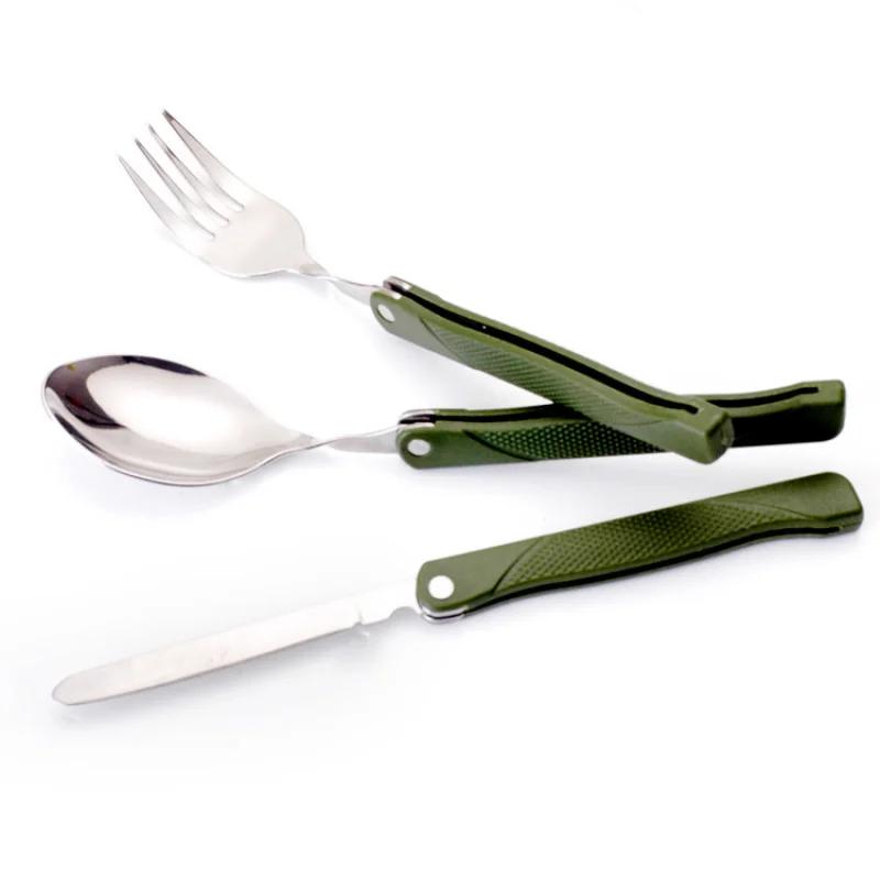 Folding Cutlery Set Fork Knife with Army Green Pouch Survival Camping Bag Outdoor Cutlery Stainless Steel Portable Tableware