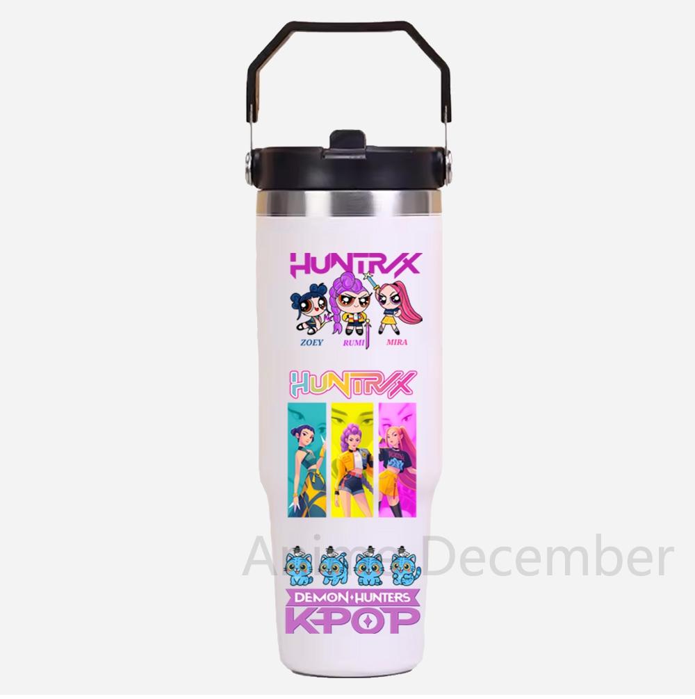 30Oz K-Pop Portable Car Cup Stainless Steel Thermos Cup with Straw Travel Sports Water Bottle with Handle Cover Coffee Vacuum Flask