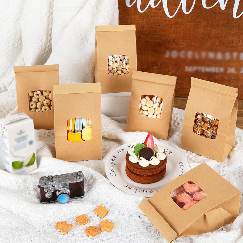 10Pcs Bakery Bags, Window Sealing Kraft Paper Bags for Cookie Sandwich Bread Snack Foods -Takeout Bags, Party Wedding Supplies