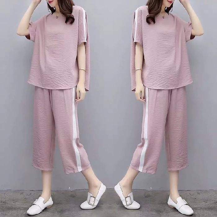 2 Pcs/Set Women T-shirt Pants Set Short Sleeves Loose Elastic Waist Sports Pockets Cropped Pants Top Suit Female Clothing