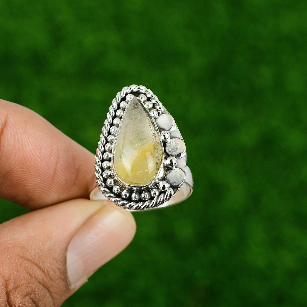 925 Sterling Silver Natural Golden Rutile Sister Statement Promise Birthday Ring