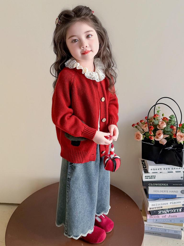 2025 Girls' Fashionable Cartoon Cardigan Sweater, Korean Style, Lace Trim for Spring and Autumn.