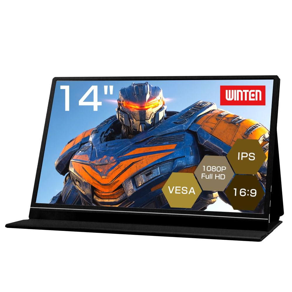 WINTEN Mobile Monitor Gaming Monitor Display External Monitor 1080P FullHD Lightweight Thin IPS Panel with Cover Speakers 6278 14-inch Non-glare