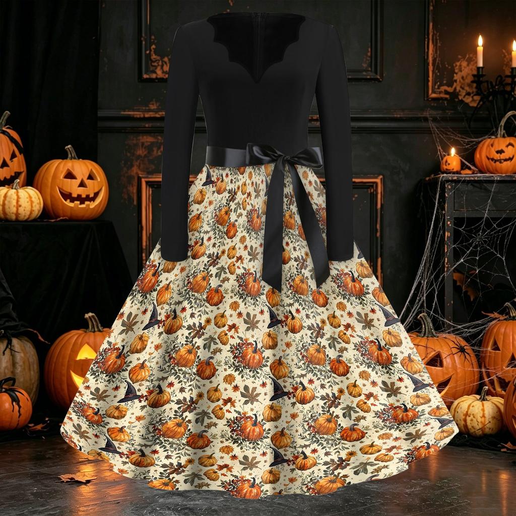 Damen Freizeitkleid mit langen Ärmeln und V-Ausschnitt, Vintage-Stil, mit Halloween-Kürbisdruck, Retro-Stil, Vollrockkleid mit Taillengürtel für saisonale Kleidung