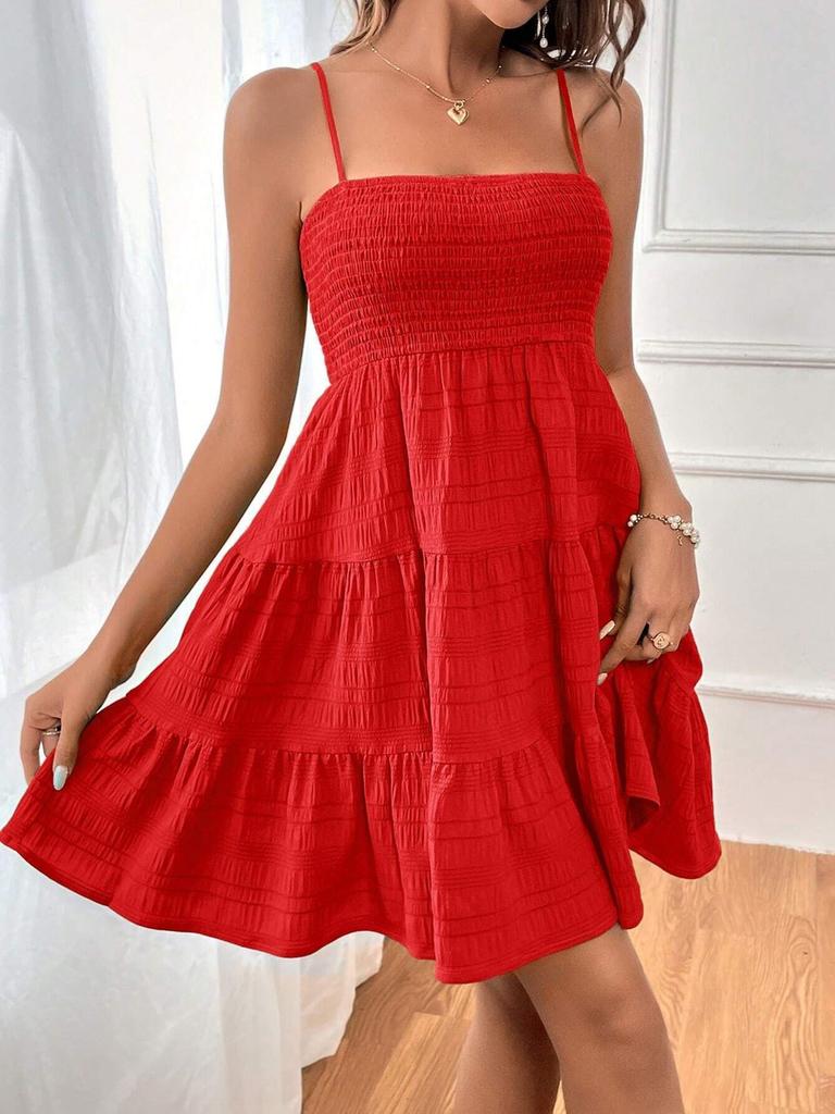 Women's Summer New One-Shoulder Strappy Mini Dress Solid Texture Ruffle Dress