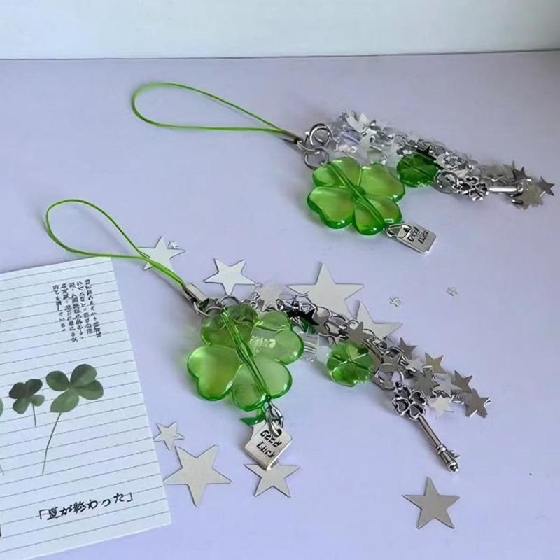 Glücksbringer Kleeblatt Handyanhänger Quasten Y2K Mädchen Handyseil Schlüsselanhänger Perlen Lanyard Handy Kette