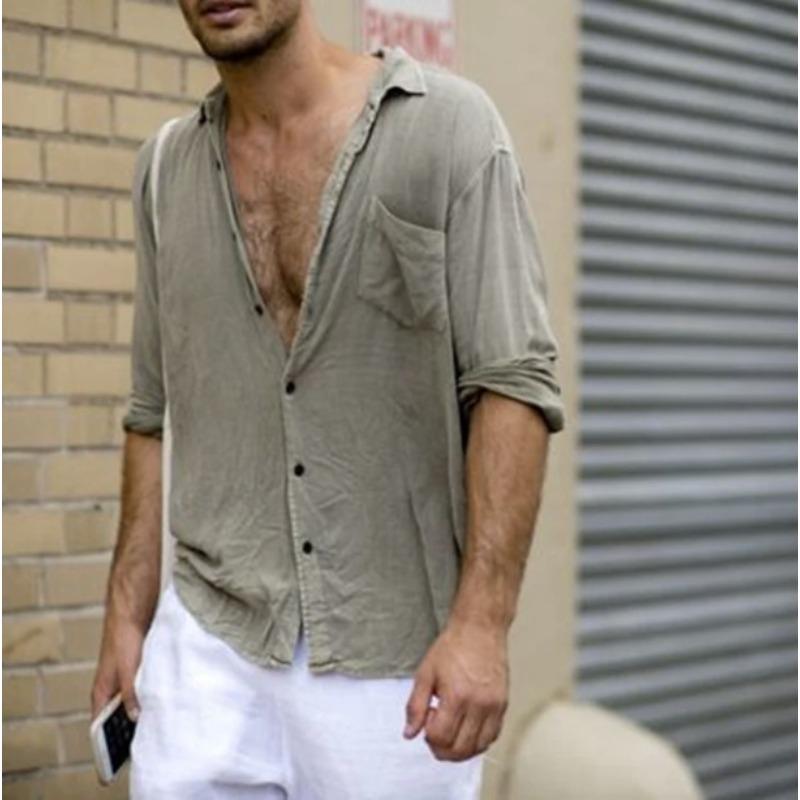 Men's Collar Pocket Cotton Linen Shirt Casual Shirts