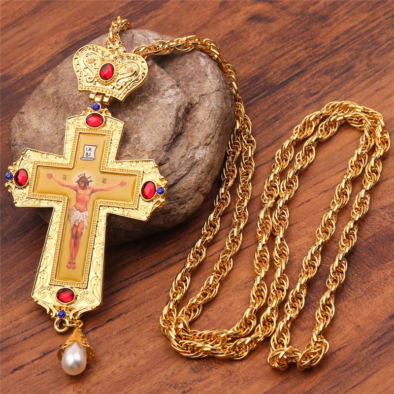 Men's Necklace Christian Orthodox Crucifix Jesus Russian Cross Prayer Big Pendant Necklace Russia Jewelry Pastor Collar