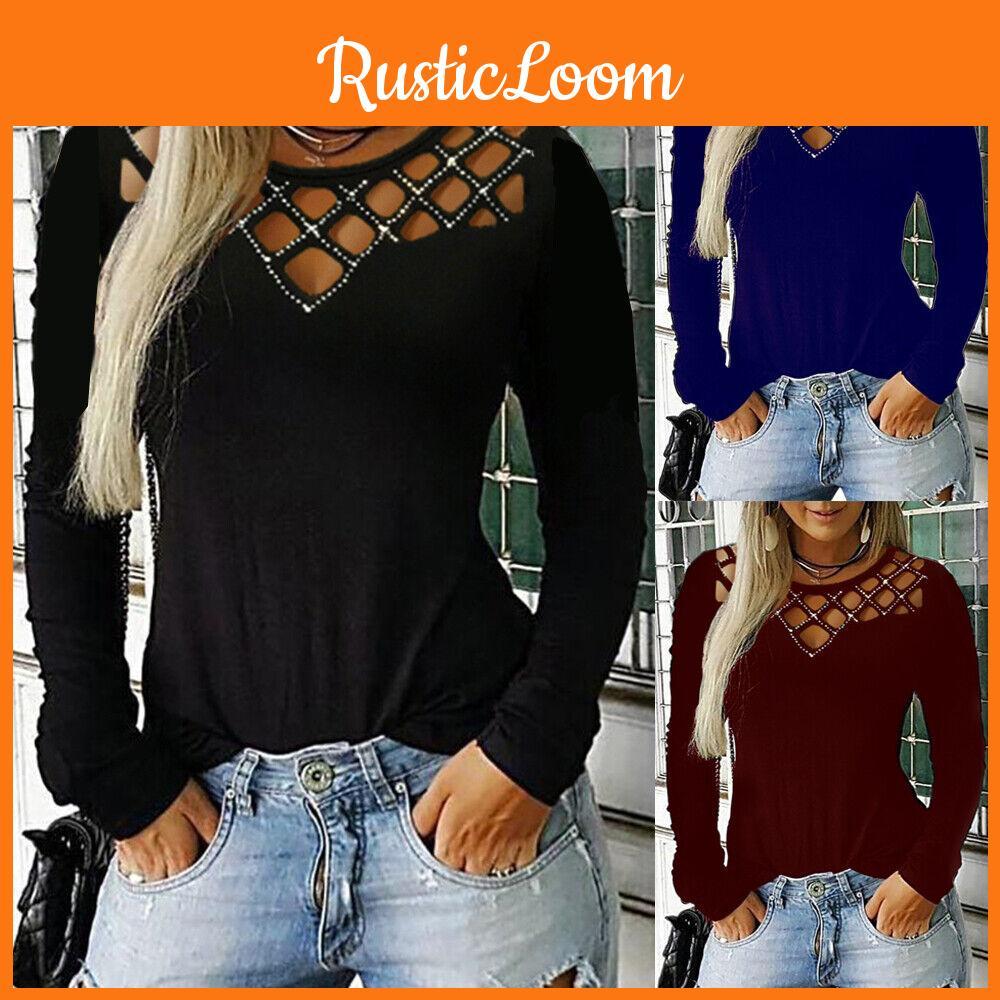 Stylish Women's Hollow Long Sleeve T-shirt For Casual Chic V-neck Pullover Top