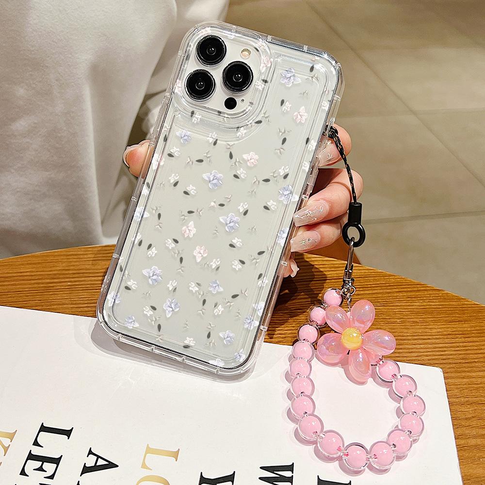 Luxury Flower Case for iPhone 11 Fundas iPhone 13 14 15 12 Pro Max XR 7 8 Plus X Xs 6 SE  Wrist Strap Clear Soft TPU Covers