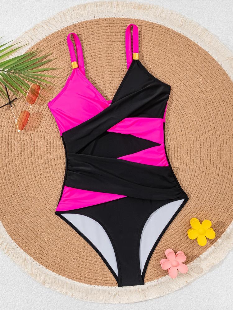 

Color Block Gathered Cross Integrated Sexy One Piece Bikini Swimsuit Women Fashion Beach Vacation Elegant Swimwear S