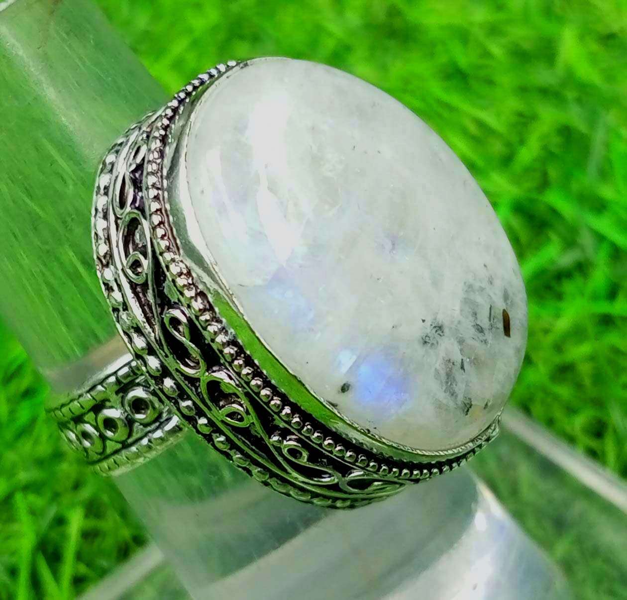 

Радужный лунный камень драгоценный камень 925 пробы посеребренный антикварное винтажное кольцо США SZ 5 ювелирные изделия AVRF9