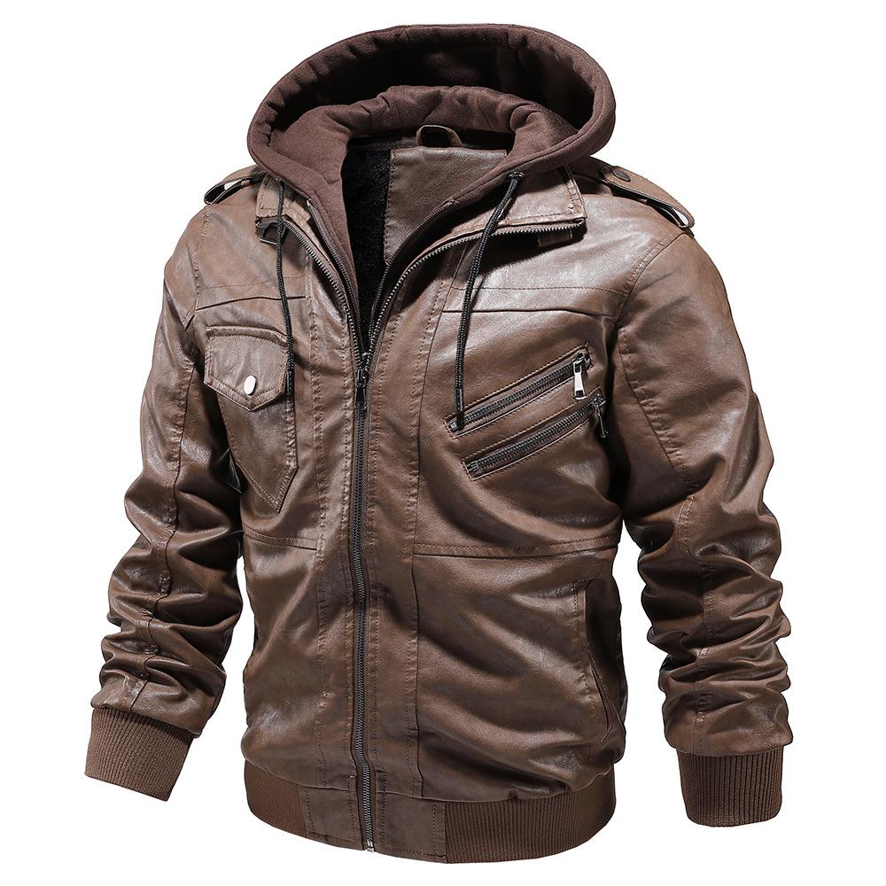 

Осенне-зимняя мужская куртка из искусственной кожи с капюшоном, большого размера, повседневная, универсальная кожаная куртка 5XL темно-коричневого