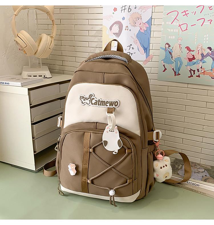 Fashionable Blocked Color Letter Cat Pattern Student Backpack Pendant With