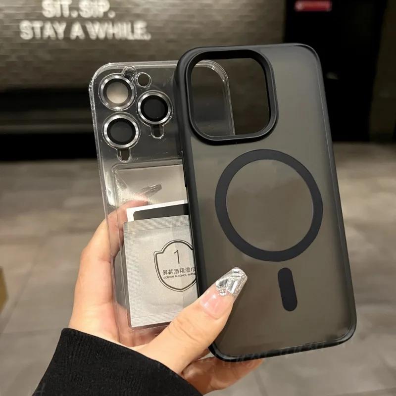 Translucent Frosted Glass Lens Protector Magnetic Case for iPhone 15 14 13 12 11 Pro Max 15Plus Shockproof Wireless Charge Cover