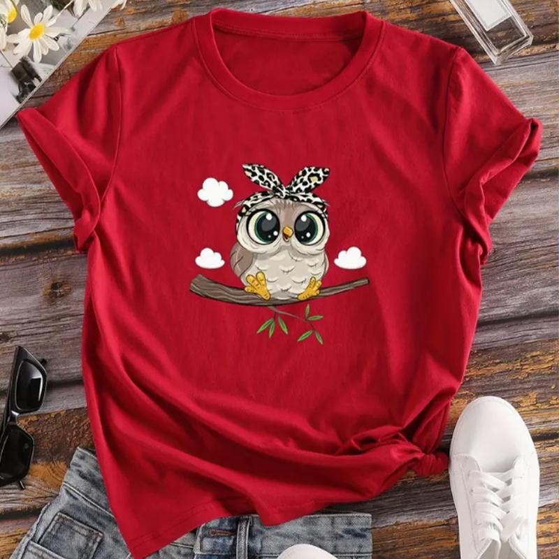 Fashion Women Cartoon Kawaii Owl Print T Shirt Funny Casual O-neck Short Sleeves T-shirt Summer Female Tee Shirt