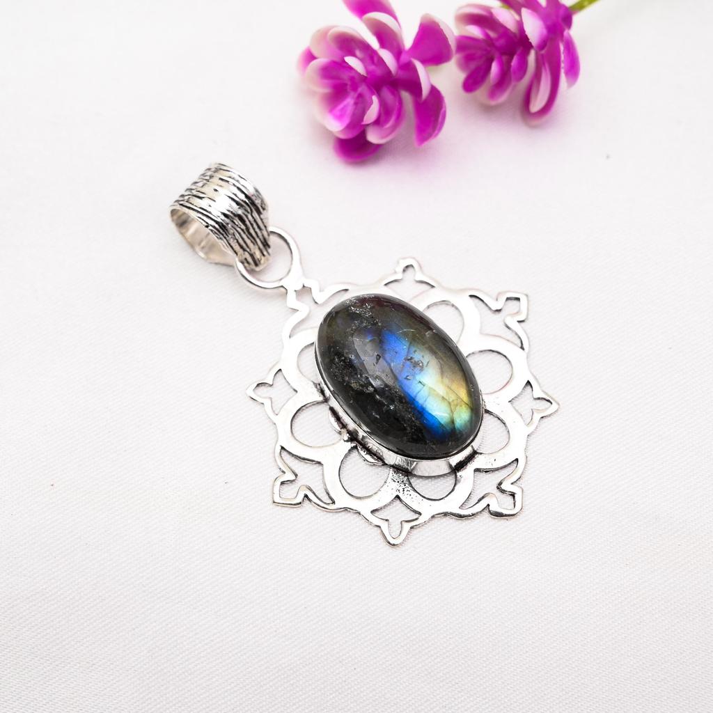 Labradorit Handgefertigter Edelstein Anhänger, 925 Sterling Silber Anhänger, Einzigartiger Design Schmuck Anhänger
