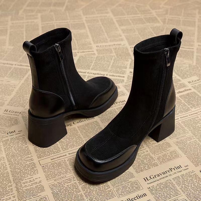 Fashion High Heels Women's Boots Block Heel Booties 2025 New Fall Winter Plus Fleece Platform Stretch