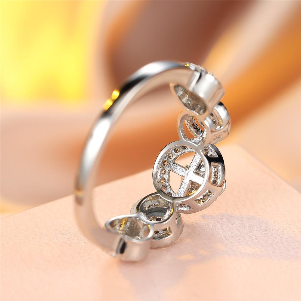 Cute Female White Zircon Round Stone Silver Color Wedding Promise Engagement Flower Rings For Women