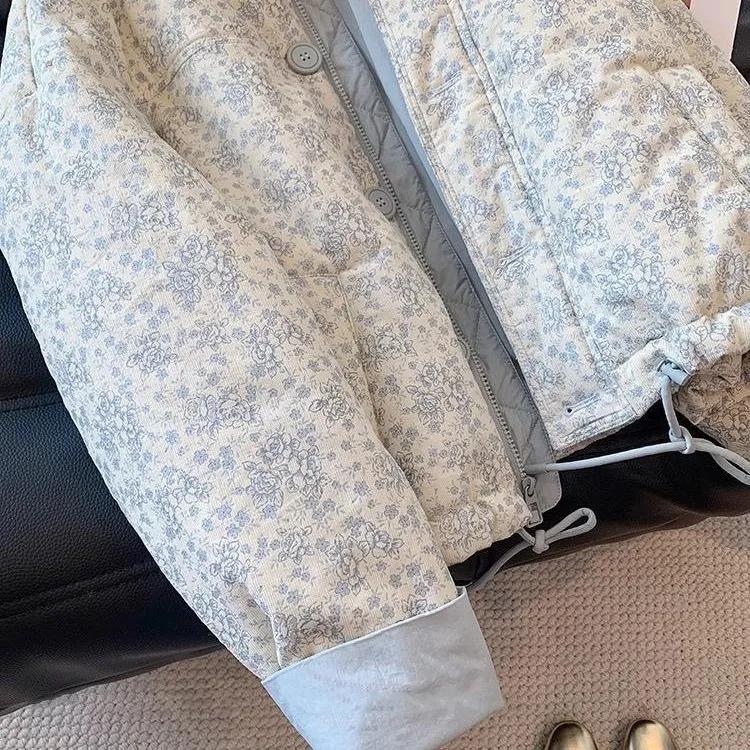 Blue Printed Stand Up Collar Cotton Jacket for Women's Winter Casual Loose Korean Version Sweet Warm Cotton Jacket