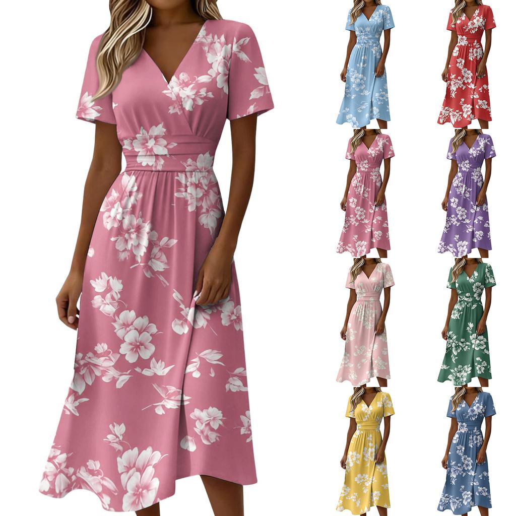 Womens Short Sleeve V Neck Floral Print Midi Dress Casual Elastic Waist Summer A Line Dress for Holiday and Daily Wear