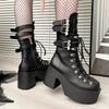 Fashion 9.5CM  Autumn PU Leather Buckle High Top Ankle Boots Women Thick Sole Bottom Platform Wedge Heels Motorcycle Bootie Rock Shoes