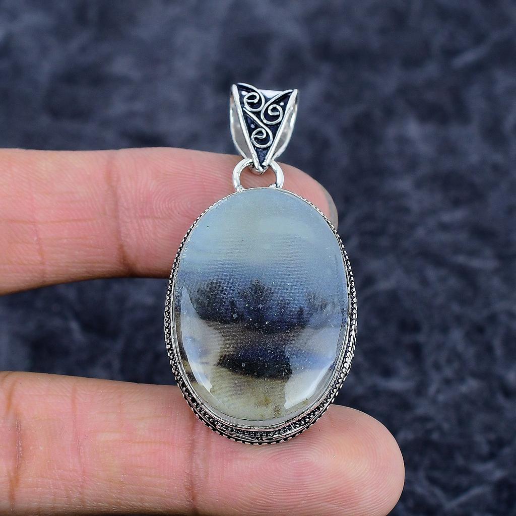 Dendrite Opal Gemstone Handmade 925 Sterling Silver Jewelry Pendant 2.09" M-3271