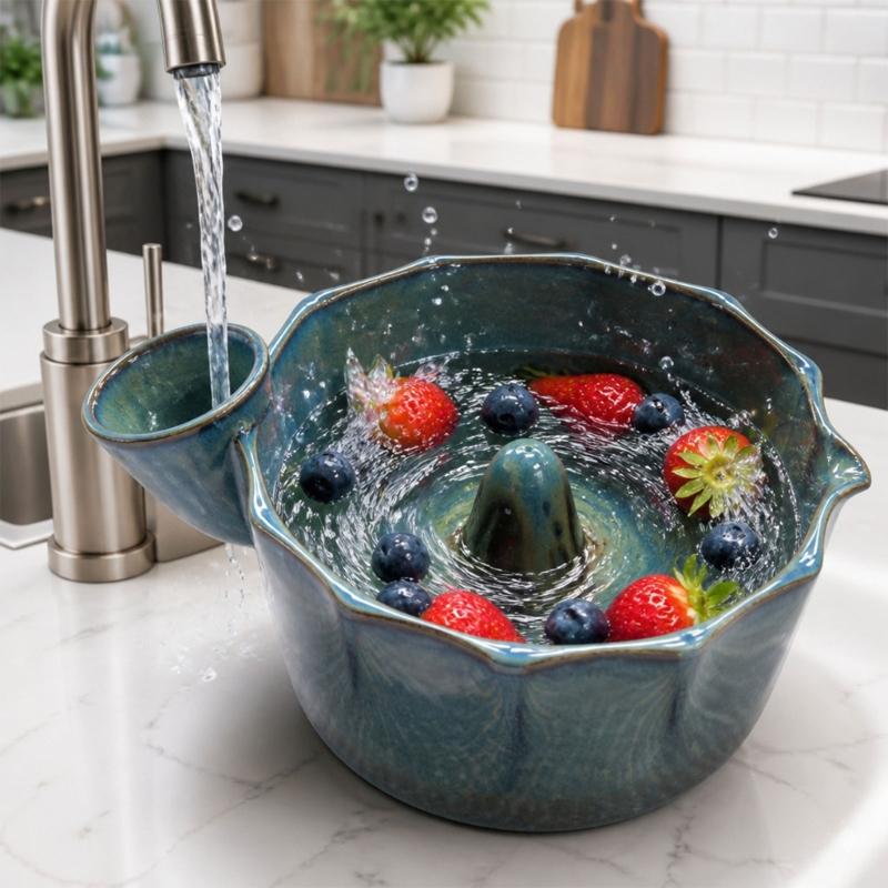 Small Produce Washing Bowl with Glazed Body, Center Water Guide and Drain Holes for Daily Kitchen Serving Use Often