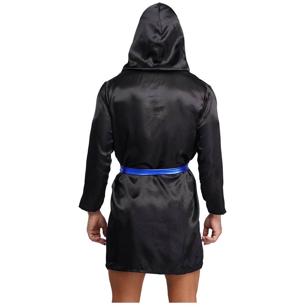 Mens Satin Hooded Cloak Shiny Trim Open Front Belt Boxing Robe