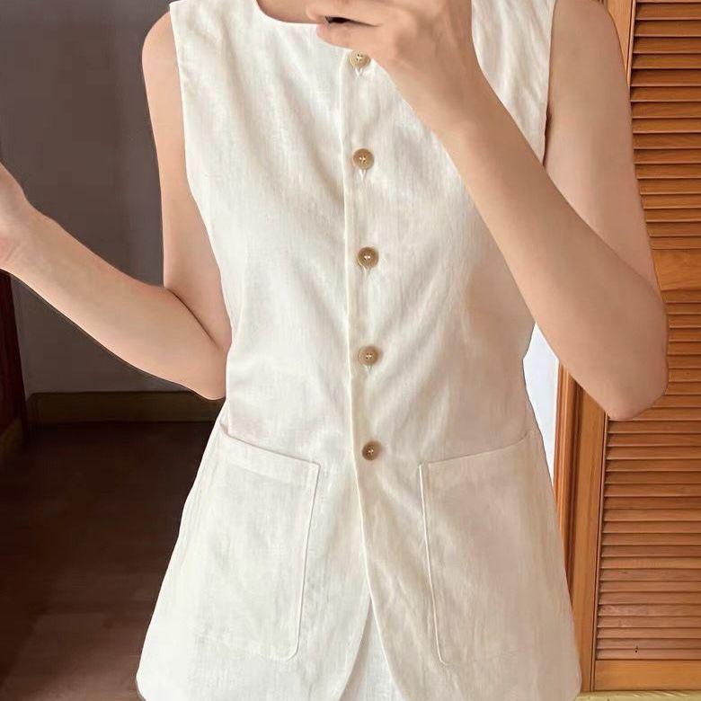 

Костюм из льна высокого класса: Французский расслабляющий жилет без рукавов и миди-юбка с разрезом, костюм-двойка Large