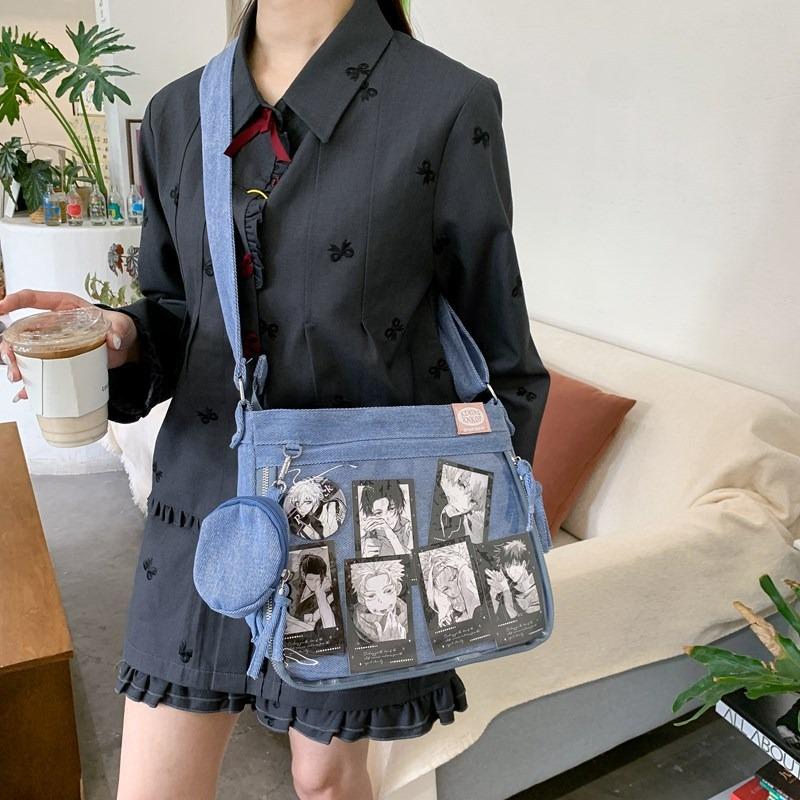 New Japanese niche pain bag sweet cool style two-dimensional denim middle school student transparent shoulder bag retro mailman bag