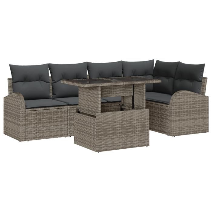Ensemble de canapé de jardin de 6 pièces avec coussins en rotin poly gris, Canapé de jardin 2 places avec rangement et 3357382