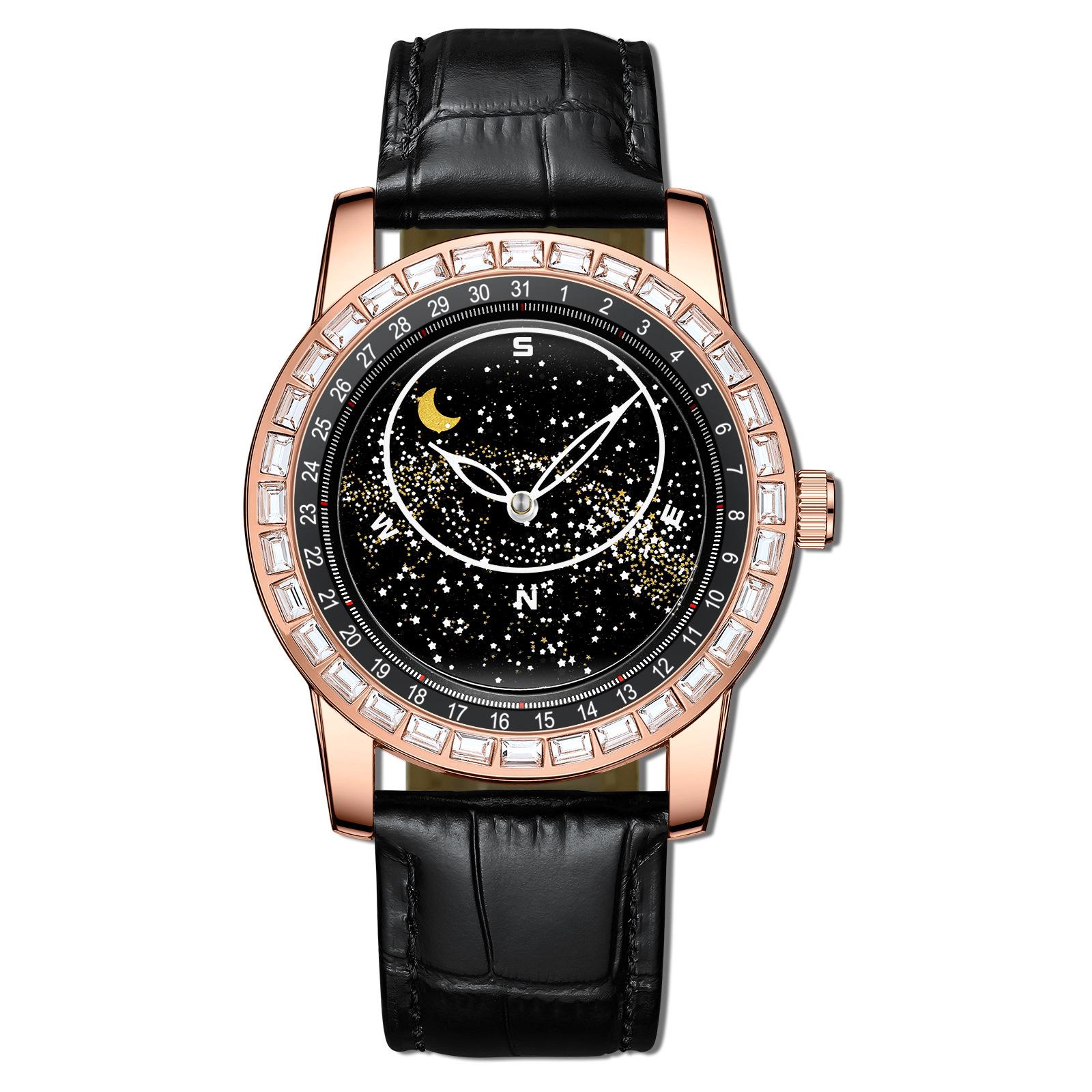 Men s Waterproof Luminous Starry Sky Dial Watch with Sun, Moon, and Stars Design