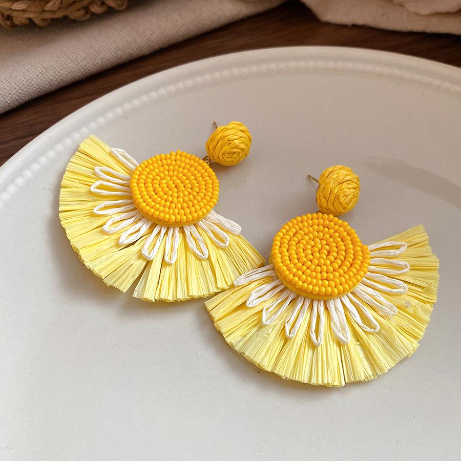 Silver needle raffia pearl flower pendant earrings holiday style small fresh temperament earrings niche high-end earrings