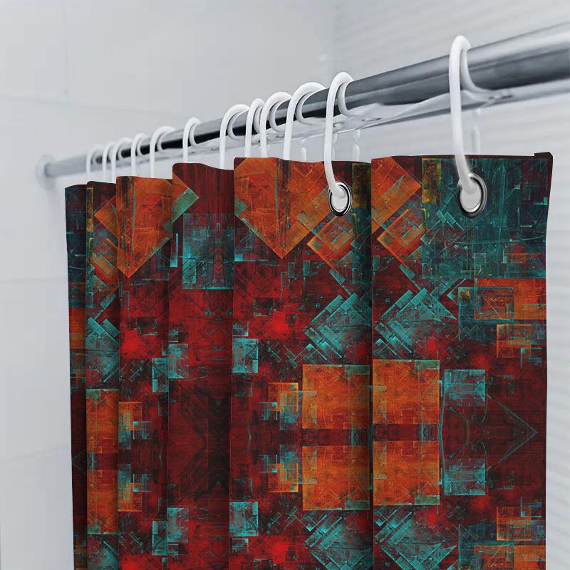 Abstract Geometric Shower Curtain Waterproof Fabric With Red, Blue, Orange, And Green Design For Bathroom Decorations In Various