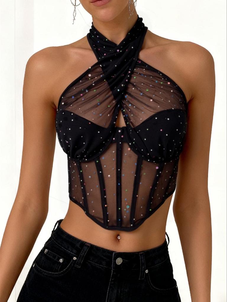 European & American Sexy See-Through Mesh Halter Top with Sequins & Fishbone Rhombus Pattern
