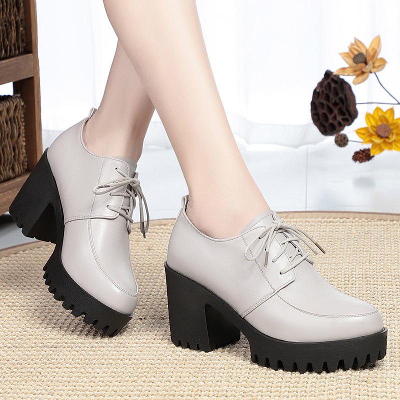 8cm Prodyšné Elegantní Silná Podrážka Robustní Platforma Lodičky 2025 Jaro Boty z Pravé Kůže Žena Blokový Vysoký Podpatek Oxfordky