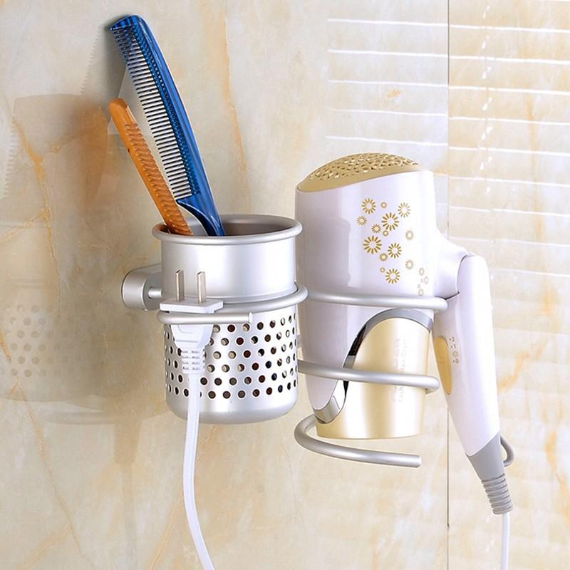 Wall Mount Spiral Hair Dryer Holder Stand with Cup Self Adhesive Bathroom Storage Organizer Shelf Rack