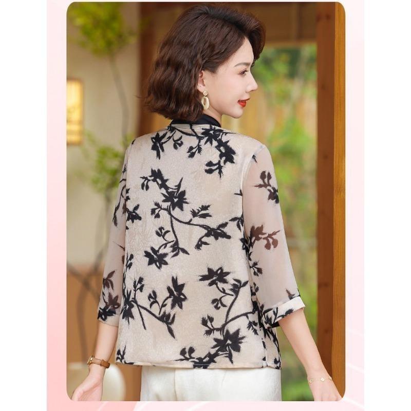 Women's Floral Print 3/4 Sleeve Blouse Stand Collar Casual Chiffon Top