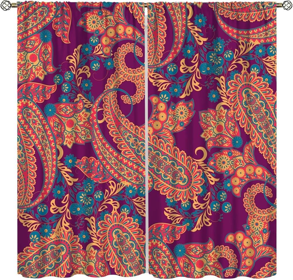 Insulated Colorful Floral Curtains Vintage Tribal Ethnic Abstract Paisley Mandala Pattern Print Bedroom Curtain Boho Polyester Washable Sleeping Area