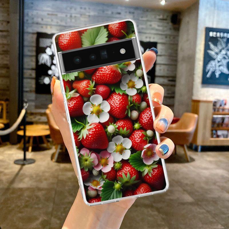 For Google Pixel 10 Pro Clear Phone Case Pixel 9 Pro XL Pixel 8 Pro 9A 8A 7A 7 6A 6 Pro Cover Summer Strawberry Flowers Print